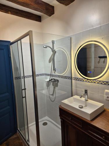 a bathroom with a sink and a shower and a mirror at Le port des Chalands meublé de tourisme 3 étoiles in Saint-Georges-sur-Cher