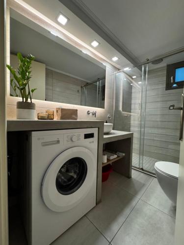 ein Badezimmer mit Waschmaschine und Waschbecken in der Unterkunft Arkadins in Zakynthos