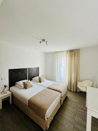 a hotel room with a large bed and a desk at Résidence Dary in LʼÎle-Rousse