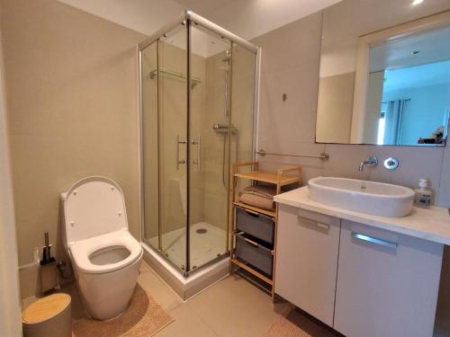 a bathroom with a shower and a toilet and a sink at Edifício Kings Tower T2-06 in Luanda