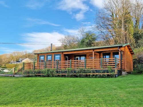 a wooden cabin with a green field in front of it at Dôl Werdd Lodge in Glanamman