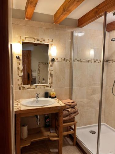 a bathroom with a sink and a shower and a tub at Chez Jallot - Upper Gite in Vidaillat
