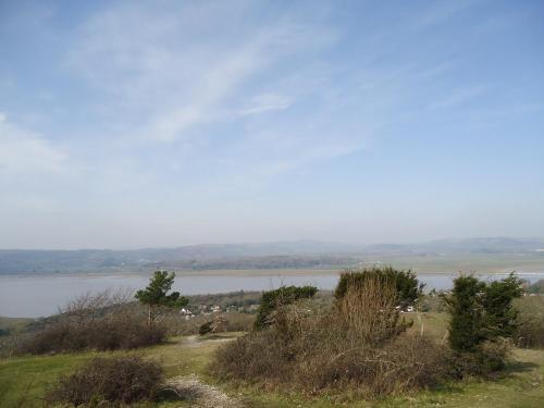 a view of a lake from a hill with trees at Station Cottage in Silverdale