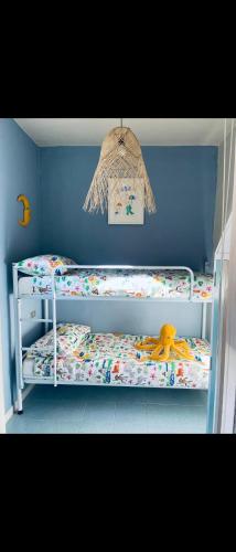 a blue room with two bunk beds with a stuffed animal at Bungalow sul mare in Costa Rei