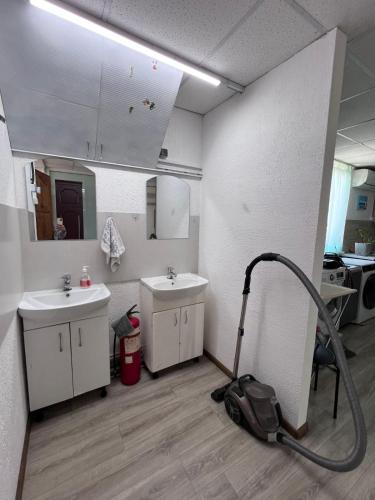 a bathroom with two sinks and a vacuum at Ліза in Irpin
