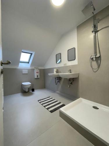 a bathroom with a toilet and a sink and a window at GWP Apartments in Lohmar