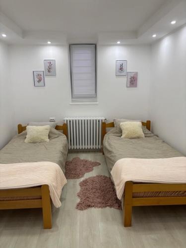 a bedroom with two beds and a rug at Diamond apartment in Kikinda