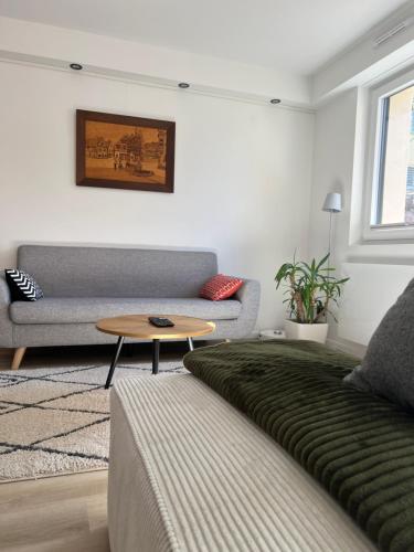 a living room with a couch and a table at Maison climatisée indépendante et de plein pied in Bischoffsheim