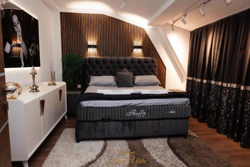 a bedroom with a black bed in a room at Elena Vista Apartments in Štip