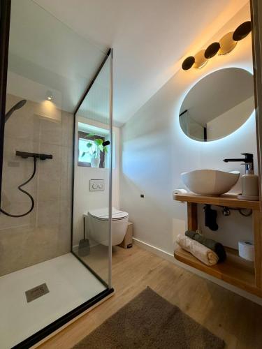 a bathroom with a glass shower and a sink at Villa Tina Luxury Suite Newly Renovated 2026 in Novigrad Istria