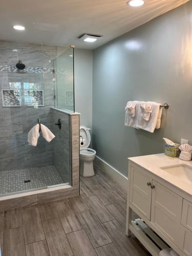 a bathroom with a shower and a toilet at The Conch House Marina Resort in St. Augustine