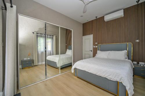 a bedroom with a bed and a large mirror at Golden Pear Villa-MSV 10BR - 5 Fully Equipped Kitchens, Harbor & Sea Views in Morne Longue