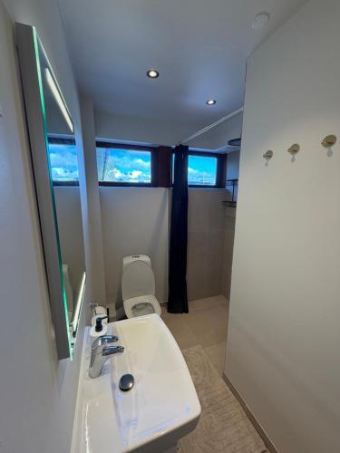 a bathroom with a white sink and a toilet at Guesthouse Leon - Historic Home Near City Center with Free Parking in Tórshavn