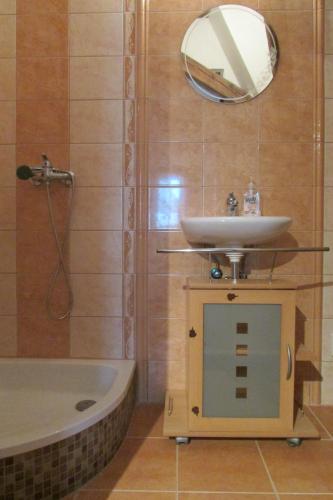 a bathroom with a sink and a mirror and a tub at Privát u koní in Úherce