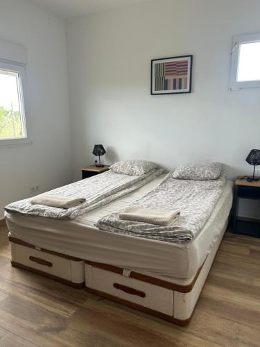 two twin beds in a room with at Villa Remedios -rooms in private house- in Picassent