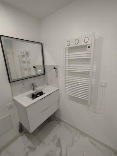 a white bathroom with a sink and a mirror at Small modern air-conditioned cocoon in Châteauroux