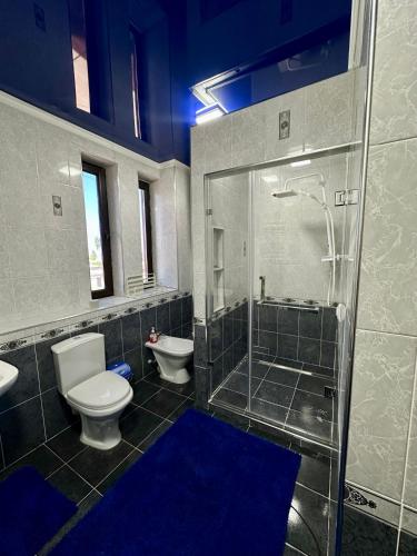 a bathroom with a shower and a toilet and a sink at Marjan Guest House in Bokonbayevo