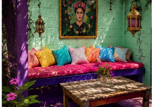 a red couch with colorful pillows on a wall at Mammaloe in Oranjestad