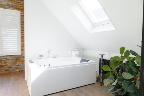 a white bathroom with a sink and a skylight at Villa De Musschenberg in Beek