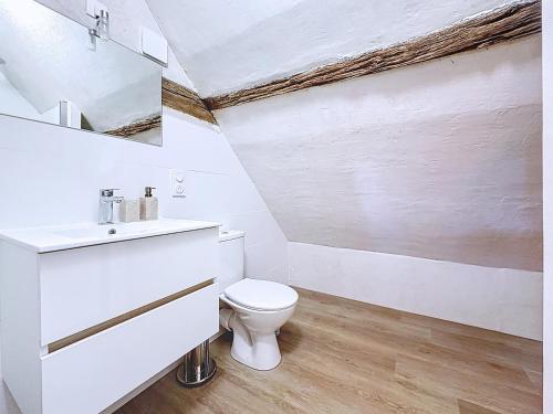 a white bathroom with a toilet and a sink at Charming studio Terrace and parking in Le Mans