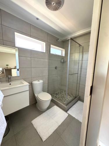 a bathroom with a shower and a toilet and a sink at Wellway Place in Durbanville