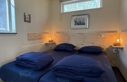 a bedroom with two beds with blue pillows in it at Bungalowpark Simpelveld - Alpha 95 in Simpelveld