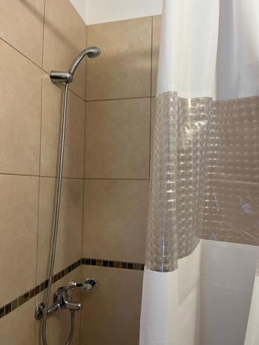 a shower with a shower curtain in a bathroom at Champa Apart Pilar - Departamentos con kitchenette a pocos minutos del Parque industrial Pilar, H Austral y a mts de autopista panamericana in Pilar