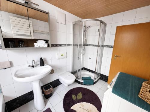 a bathroom with a sink and a shower and a toilet at Lange Hans Rennsteig in Oberschönau