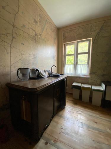 a kitchen with a sink and a window in a room at Stary młyn nad Tywą in Gryfino