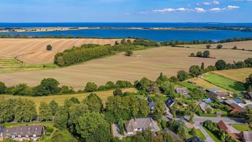an aerial view of a house with a field and a lake at Weiße Reetdachkate Wohnung 1 in Stöfs