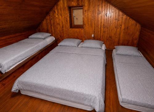 two beds in a room with wooden walls at Maca - vikendica sa bazenom in Ahatovići
