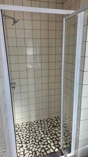 a shower with a glass door in a bathroom at Beginners Cove Lodge in Nelspruit