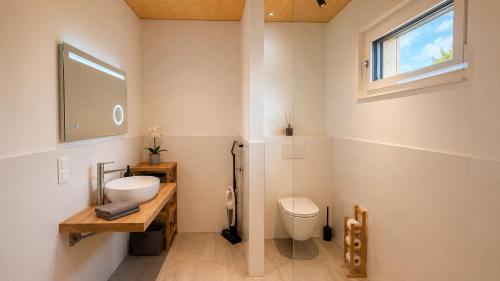 a bathroom with a sink and a toilet and a window at Apartment Relax - Stubenbergsee in Stubenberg