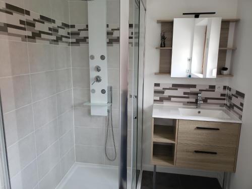 un baño con ducha y lavabo en L'étape, en Mutzig