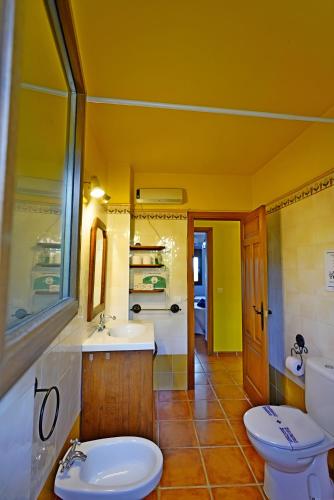 a yellow bathroom with a toilet and a sink at Villa El Regalo in Frigiliana