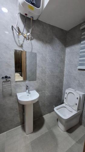 a bathroom with a toilet and a sink at Cherished Homes in Ikeja