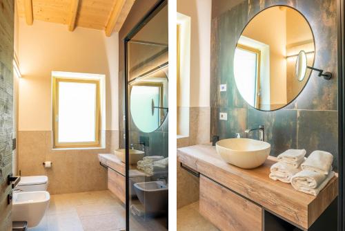 two pictures of a bathroom with a sink and a mirror at Chalet Ca' la Fratela in Malcesine