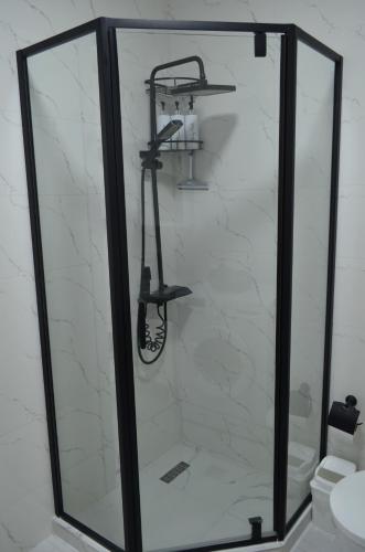 a shower with a glass door in a bathroom at PushkinApart in Batumi