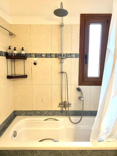 a bath tub with a shower in a bathroom at Sergio's homes in Mélanes