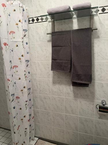 a bathroom with a shower with towels on a wall at PusteBlume in Bückeburg