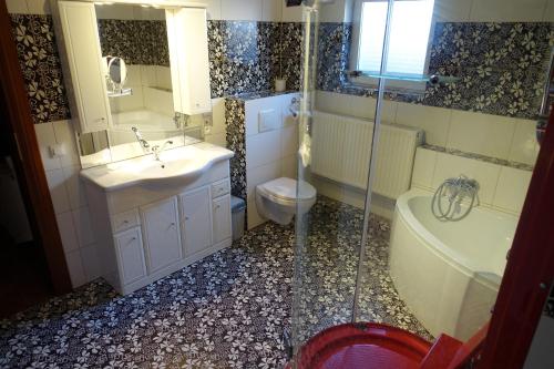 a bathroom with a sink and a tub and a toilet at Apartamenty u Ani in Kudowa-Zdrój