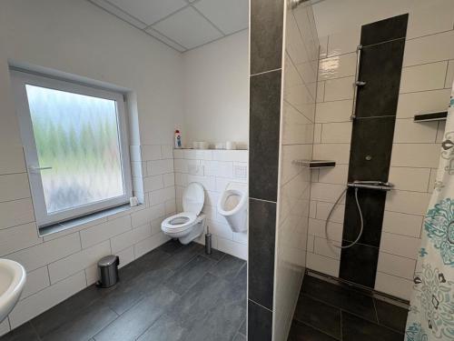 a bathroom with two toilets and a window at HörneNest Balje - Ferienwohnung zwischen Elbe & Oste in Balje