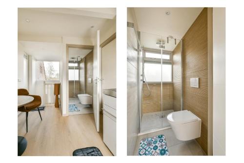 two images of a bathroom with a toilet and a sink at The Rietvink Residence in Wervershoof