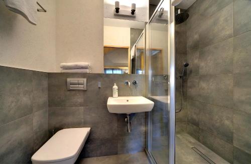 a bathroom with a sink and a toilet and a shower at Dom Górski in Karpacz