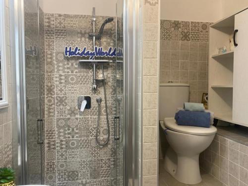 a bathroom with a shower with a toilet and a sink at Logudoro Cabin by Holiday World in Alghero