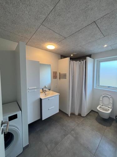 a bathroom with a sink and a toilet and a window at New apartment, only 4 km from the highway in Horsens