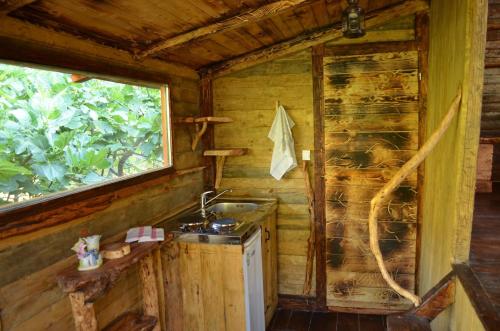 a kitchen with a sink in a log cabin at My Olive Garden Camp in Bar