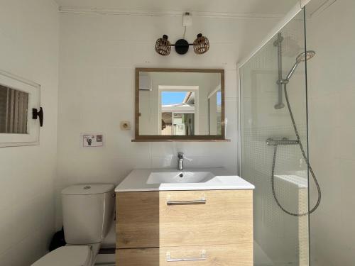 a bathroom with a toilet and a sink and a shower at Adorable maison de vacances plain pied au coeur de la station et proche des plages 4 chambres, jardin, WIFI, LXDUNE1 in Portiragnes
