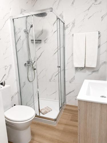 a bathroom with a shower and a toilet and a sink at Apartamentos Central in Quarteira