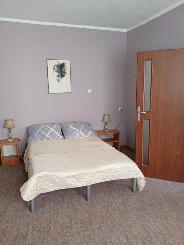 a bedroom with a bed and a wooden door at Pokoje w Pucku u Ewy in Puck
